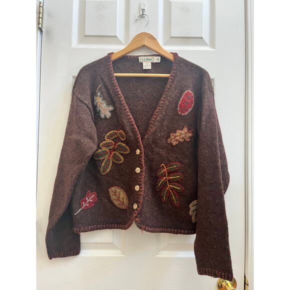 Vintage LL Bean Flaw Shetland Wool Appliqué Button Up Cardigan Size Large - Picture 7 of 11